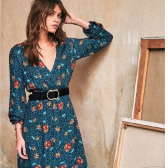 EUC Sezane Titiane Fleur Leopard Canard Floral Midi Dress - Picture 2 of 6